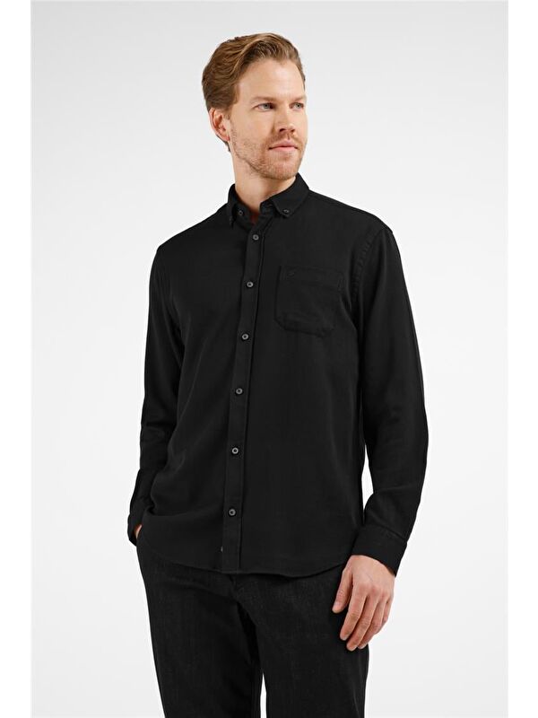 İMZA Siyah Düğmeli Yaka Uzun Kol Cepli Slim Fit %100 Pamuk Gömlek 1004255213