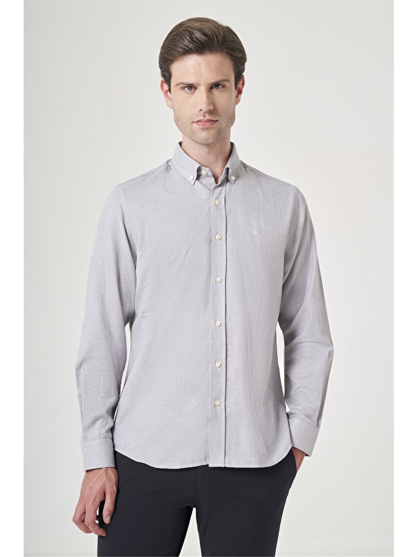 İMZA Gri Düğmeli Yaka Oxford Slim Fit Pamuklu Gömlek 1004265124