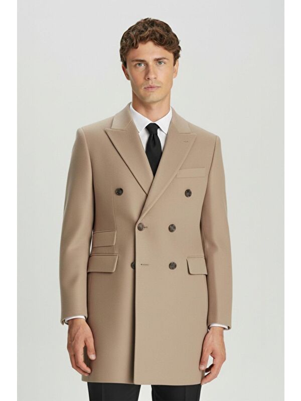 Sabri Özel Giotelli Camel Slim Fit Yün Karışımlı Sivri Yaka Kruvaze 6 Drop Orta Boy Erkek Palto