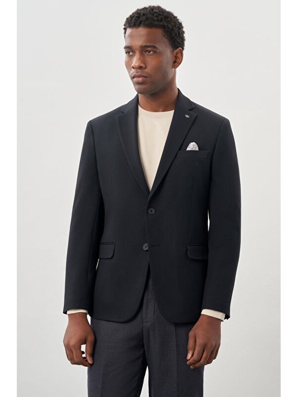 İMZA Koyu Lacivert Gabardin Mono Yaka Tam Astar Esnek 6 Drop Slim Fit Casual Ceket 1002245162