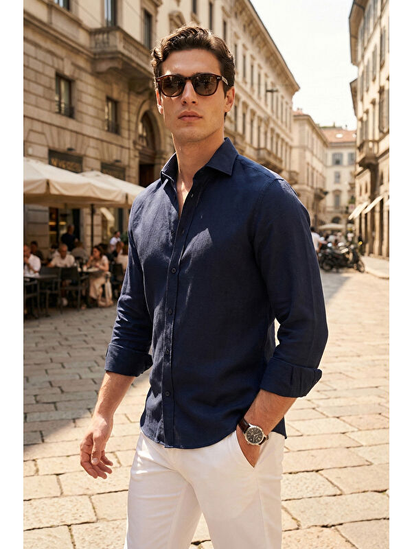 Buratti Pamuk ve Keten Karışımlı Regular Fit Klasik Yaka Uzun Kollu Gömlek CF26S1210134