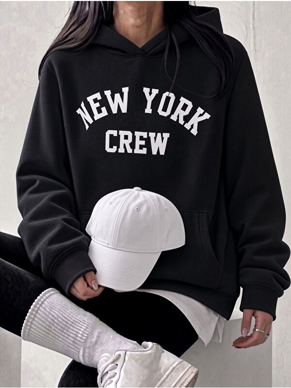 Oksit Sw Unisex Oversize "New York Crew" Baskılı Kapüşonlu Kanguru Cep Sweatshirt