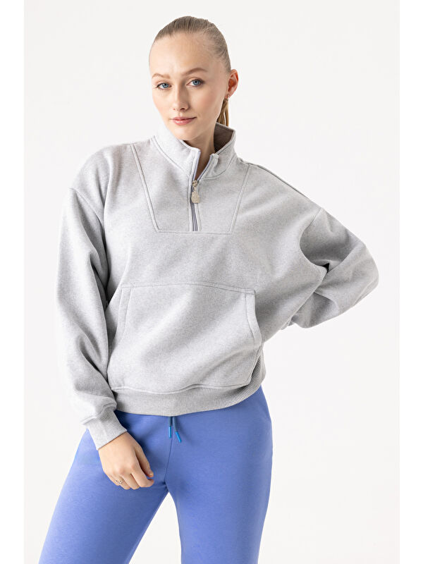 gothamVibes Kadın Gri Fermuarlı Oversize Sweatshirt