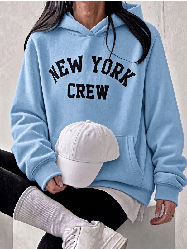 Oksit Sw Unisex Oversize "New York Crew" Baskılı Kapüşonlu Kanguru Cep Sweatshirt