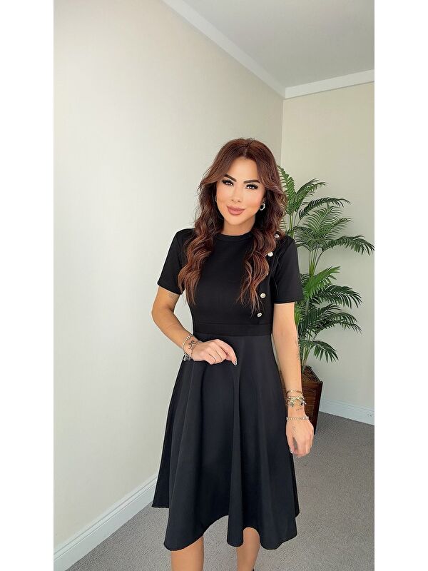 Jane's Kadın Kısa Kollu Bisiklet Yaka Gold Düğme Detay Midi Boy Elbise