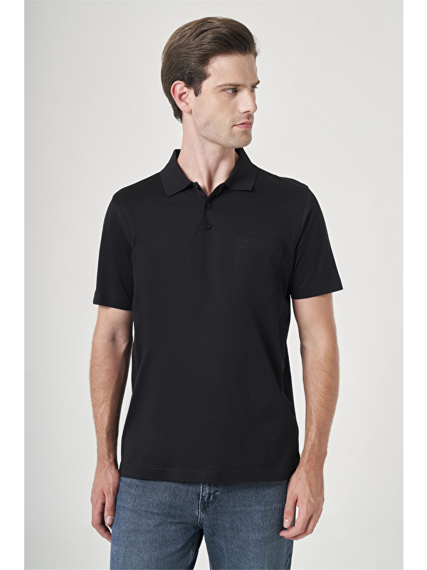 İMZA Siyah Polo Yaka Kısa Kol Cepli Comfort Fit %100 Pamuk Tişört 1011260163
