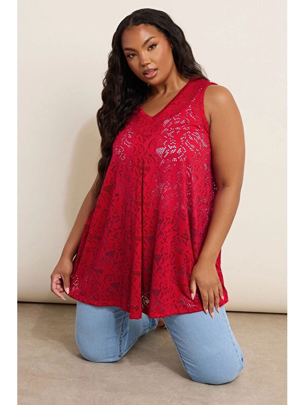 Stil Diva Büyük Beden V Yaka Sıfır Kol Astarsız Dantel T-shirt 304104
