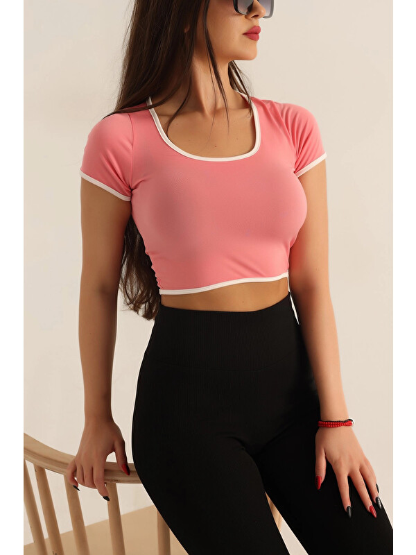 Hazelin Kadın Pembe Beyaz Biyeli Kısa Kol Elastanlı SendyCrop Bluz HZL24S-SND190901
