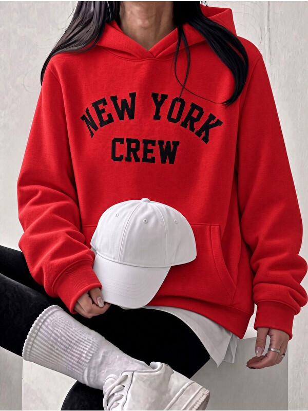 Oksit Sw Unisex Oversize "New York Crew" Baskılı Kapüşonlu Kanguru Cep Sweatshirt