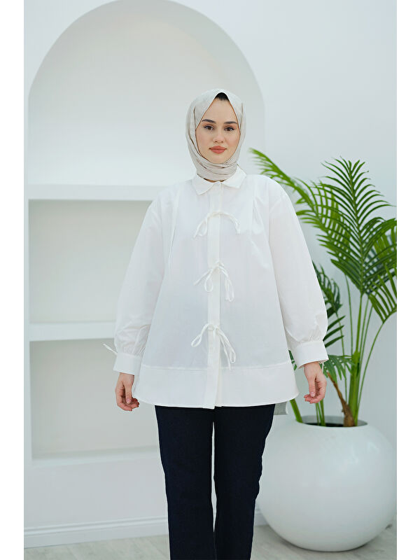 Locco Moda Ön Kurdele Detay Oval Kesim Gömlek Beyaz