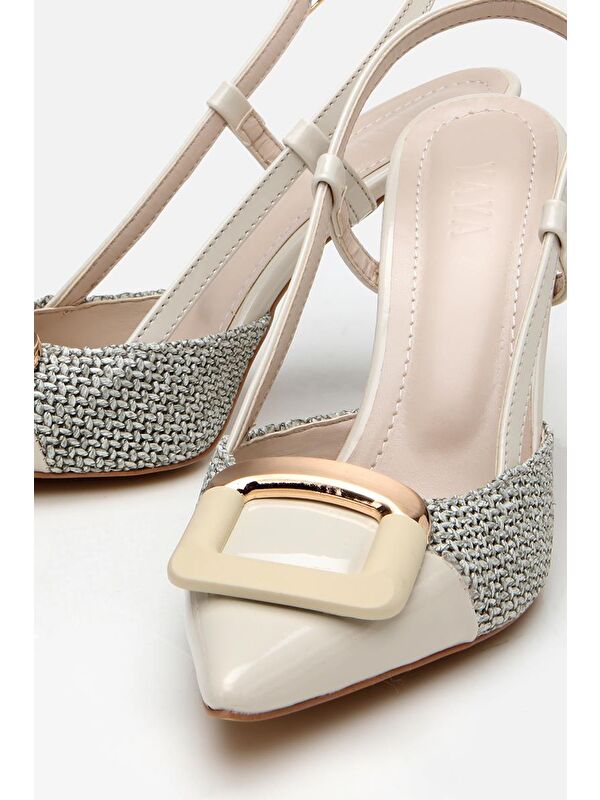 Kadın Krem Hasır Detaylı Arkası Açık Topuklu Ayakkabı - Görsel 4