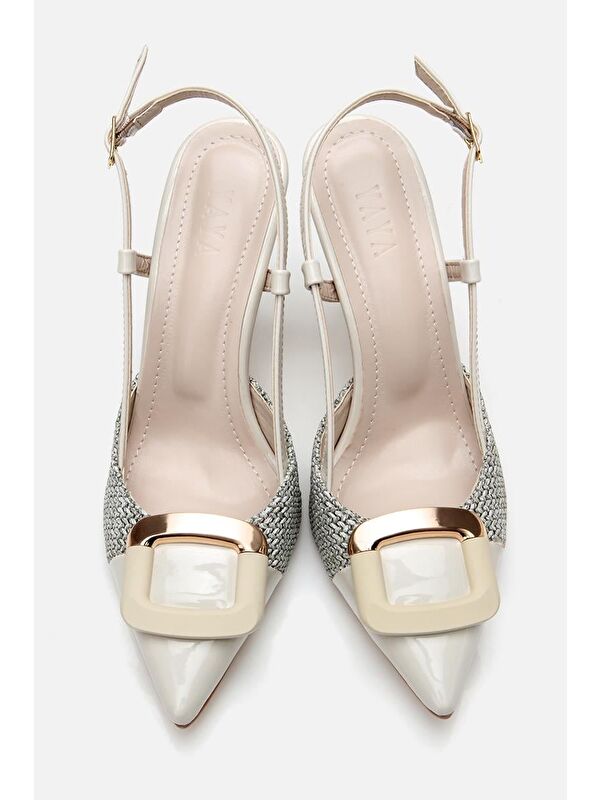 Kadın Krem Hasır Detaylı Arkası Açık Topuklu Ayakkabı - Görsel 6