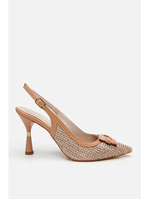 Kadın Bej Hasır Detaylı Arkası Açık Topuklu Ayakkabı - Görsel 2