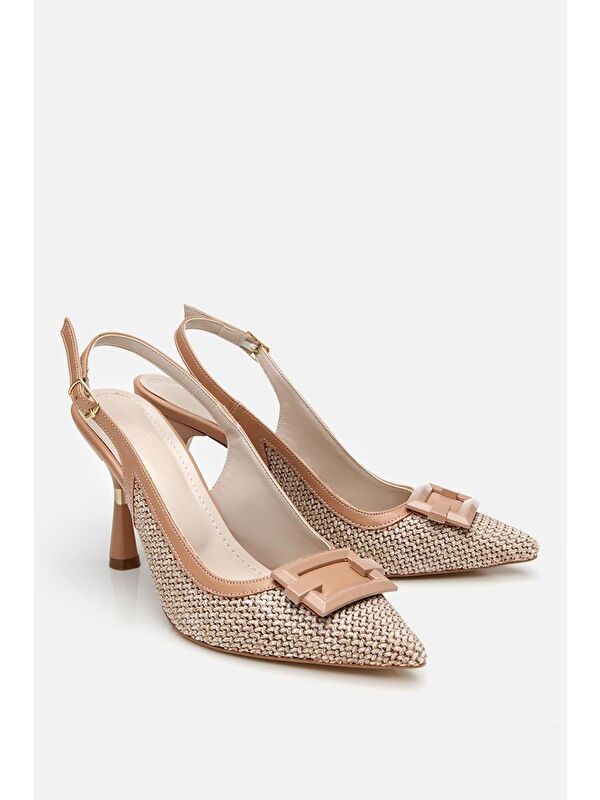 Kadın Bej Hasır Detaylı Arkası Açık Topuklu Ayakkabı - Görsel 3