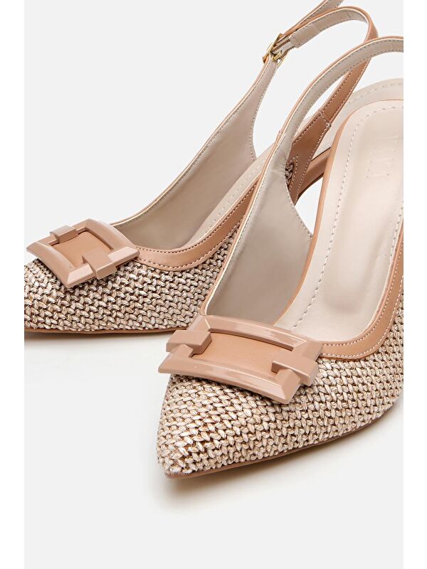 Kadın Bej Hasır Detaylı Arkası Açık Topuklu Ayakkabı - Görsel 4