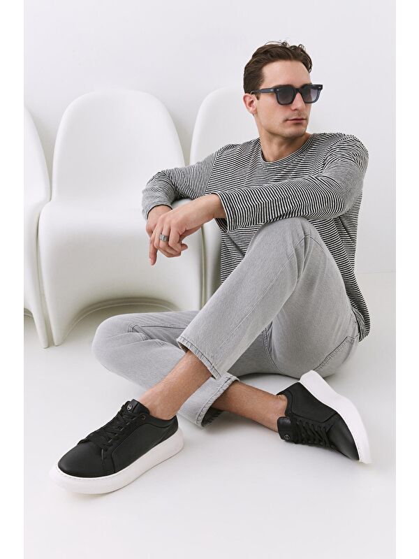 Erkek Deri Siyah Hafif Tabanlı Spor Ayakkabı - Görsel 2