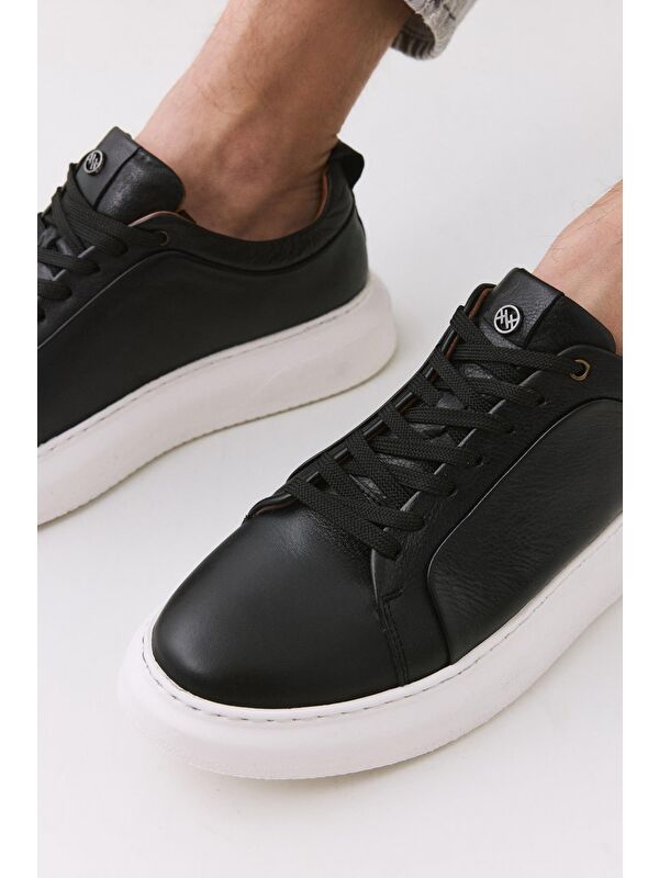 Erkek Deri Siyah Hafif Tabanlı Spor Ayakkabı - Görsel 3