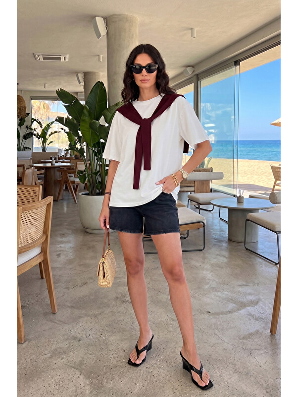 Lela Rahat Kalıp Bisiklet Yaka Omuz Şal Detaylı T Shirt 5867044