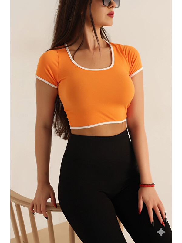 Hazelin Kadın Turuncu Beyaz Biyeli Kısa Kol Elastanlı SendyCrop Bluz HZL24S-SND190901