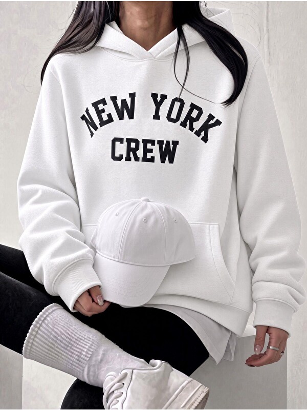 Oksit Sw Unisex Oversize "New York Crew" Baskılı Kapüşonlu Kanguru Cep Sweatshirt