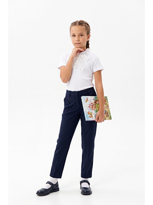 Toontoykids Kız Çocuk Dik Yaka Fularlı Kısa Kollu Pamuklu Basic Tişört & Fitilli Kumaş 25060