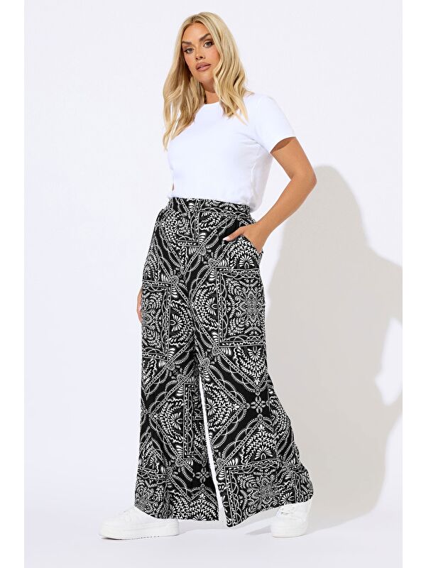 Stil Diva Büyük Beden Beli Lastikli Cepli Geniş Paça Baskılı Pantolon 310292