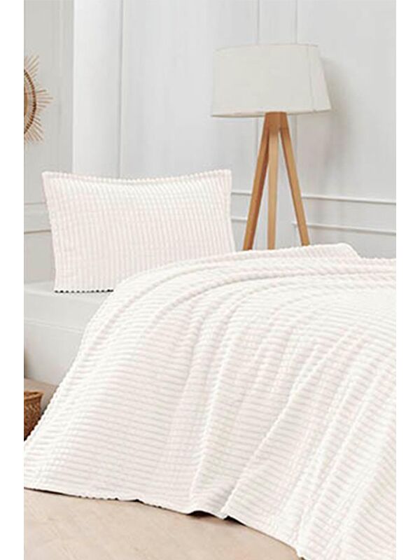 Çeyiz Diyarı Merinos Modern Line Çift Kişilik Battaniye Seti Krem