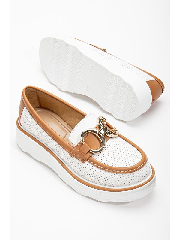 Kadın Beyaz Taba Rahat Kalıp Önü Tokalı Kalın Taban Loafer - Görsel 5