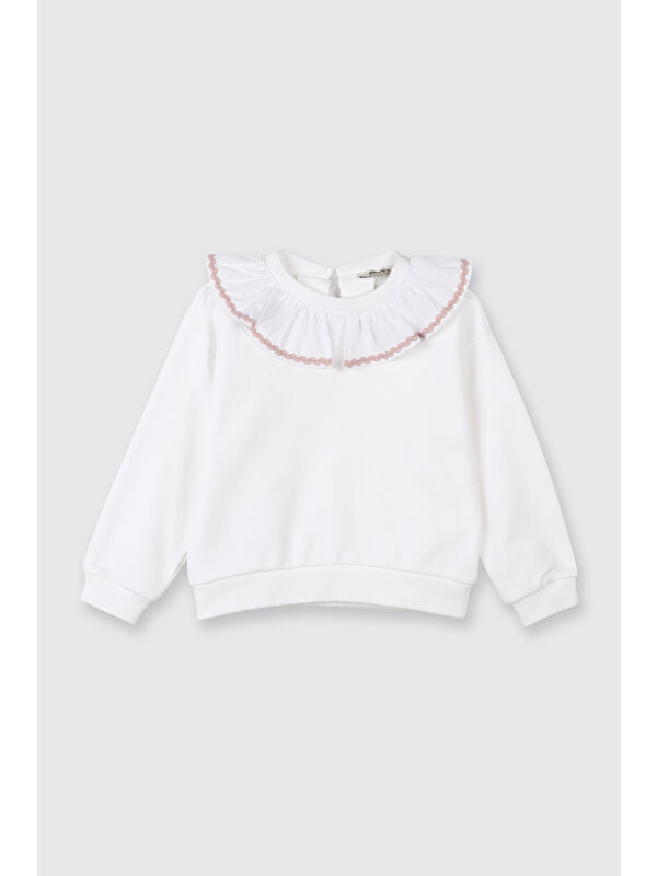 Panço Kız Bebek Fırfır Yaka Detaylı Su Taşı Detaylı Beyaz Sweatshirt
