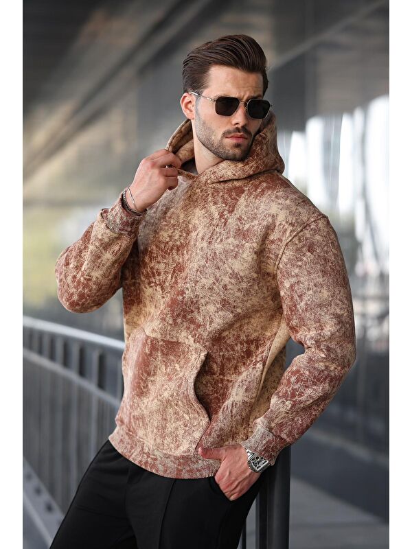 Madmext Kahverengi Desenli Kapüşonlu Erkek Sweatshirt E7167