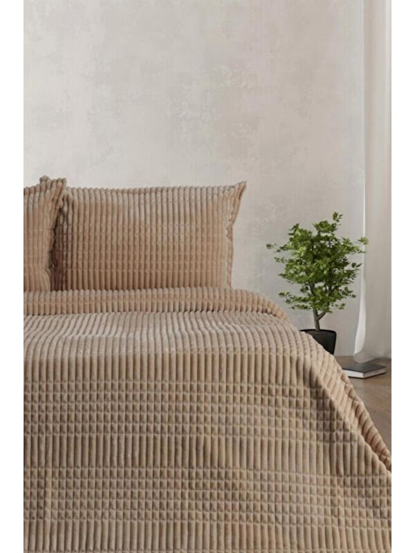 Çeyiz Diyarı Merinos Modern Line Çift Kişilik Battaniye Seti Bej