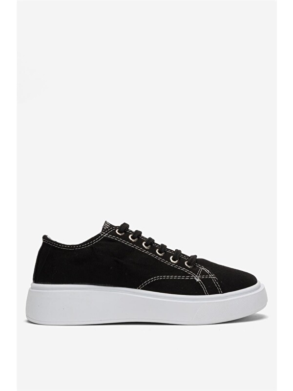 LİGER Kadın Rahat Kalıp Kalın Taban Keten Sneakers Sİyah