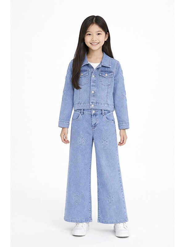 Cansın Mini Mavi Çiçek Nakışlı Jean Ceket ve Pantolonlu Kız Çocuk 2li Takım 23737