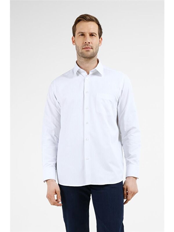 İMZA Beyaz - Mavi Çizgili Desen Sert Yaka Uzun Kol Cepli Comfort Fit Pamuklu Gömlek 1004255274