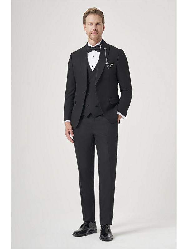 İMZA Siyah Kırlangıç Yaka Düz Desen 6 Drop Slim Fit Yelekli Damatlık Takım Elbise 1001260206