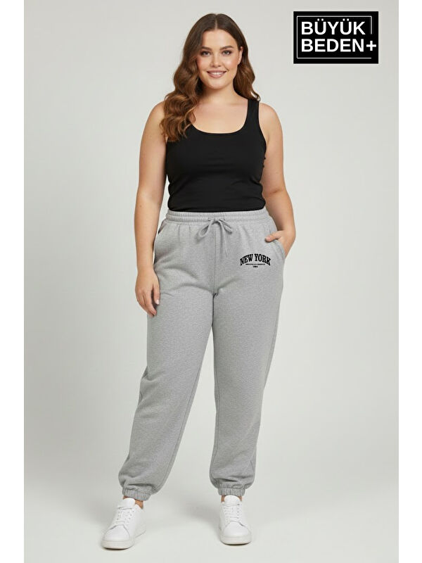 Süperlife Kadın Büyük Beden New York Paça Lastikli Rahat Kesim Jogger İnce Eşofman Altı SPR26BEAK951-5