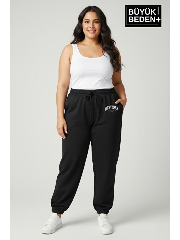 Süperlife Kadın Büyük Beden New York Paça Lastikli Rahat Kesim Jogger İnce Eşofman Altı SPR26BEAK951-5