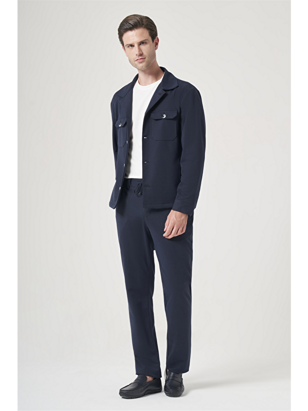 İMZA Lacivert Berberi Yaka Örme Beli Lastikli 6 Drop Slim Fit Astarsız Esnek Takım Elbise 1001260177