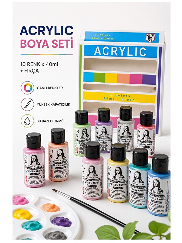 Artlantis Chalk Akrilik Boya 10 Renkx40 ml Fırça Hediyeli 1 Paket Monalisa Akrilik Boya Resim Dersi Tuval Ahşa