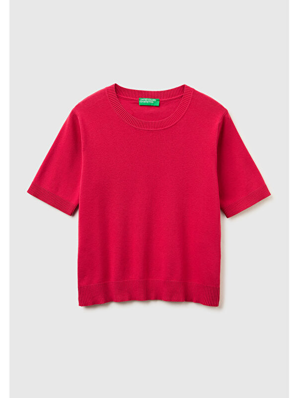 United Colors Of Benetton Kadın Kırmızı %100 Pamuk Kısa Kollu Regular Fit Bisiklet Yaka Tişört