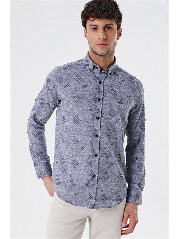 İMZA Koyu Lacivert Kısalabilir Kollu Desenli Jakarlı Cepsiz %100 Pamuk Casual Slim Fit Gömlek 1004230182