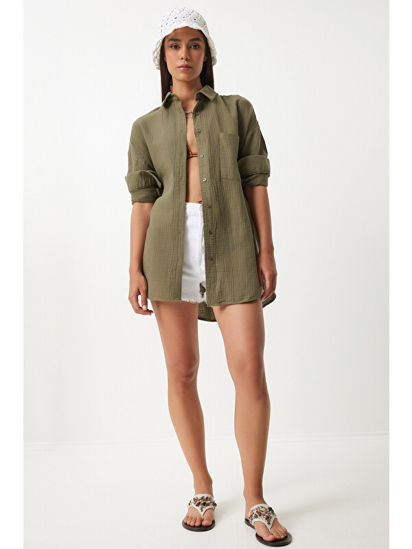Happiness İstanbul Oversize Basic Müslin Gömlek HAKİ LMX0002