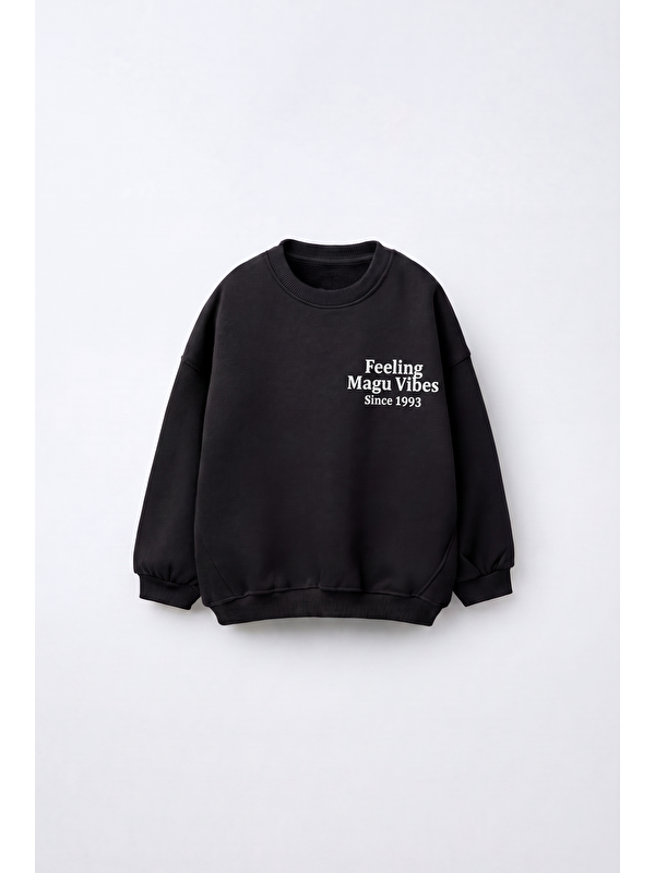 Magu Çocuk Pamuklu Minimal Yazı Baskılı Siyah Sweatshirt