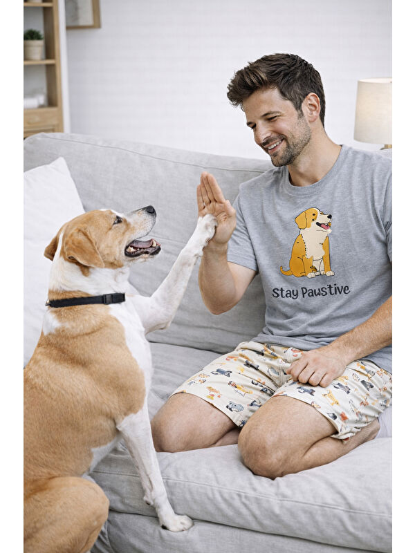 Koza İç Giyim Erkek Pamuklu Köpek Desenli Eğlenceli Cepli Şortlu Pijama Takımı