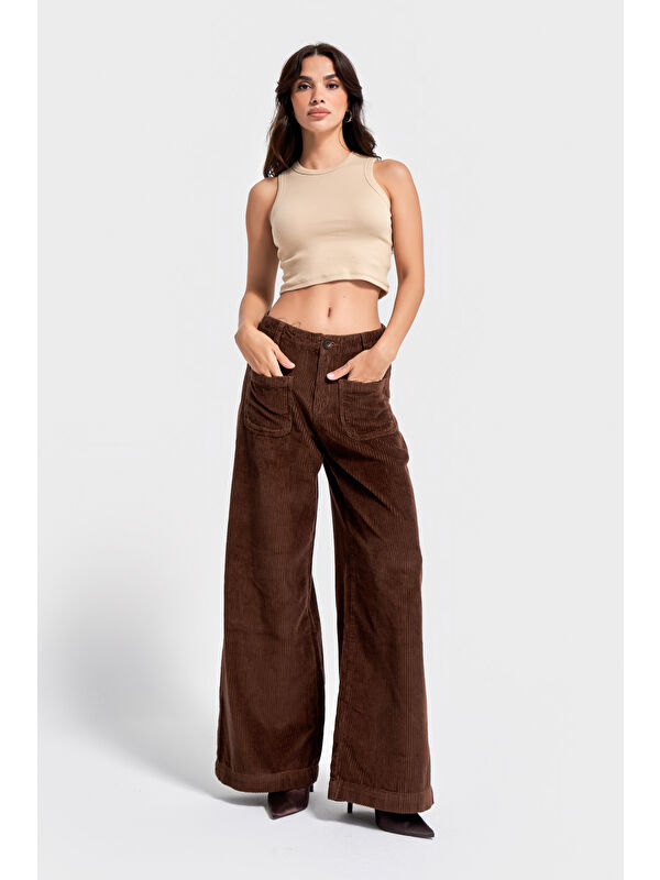 It's Basic Kadın Koyu Kahve Renk 26w5-42 Palazzo Fit Cep Detaylı Kalın Fitilli Velvet Kadife Kumaş Pantolon