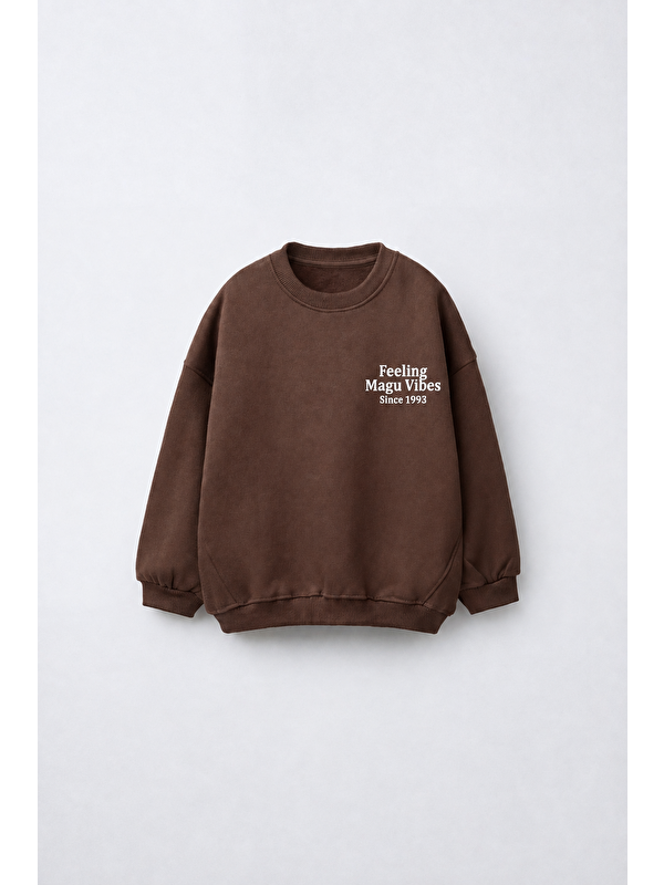 Magu Çocuk Pamuklu Minimal Yazı Baskılı Kahverengi Sweatshirt
