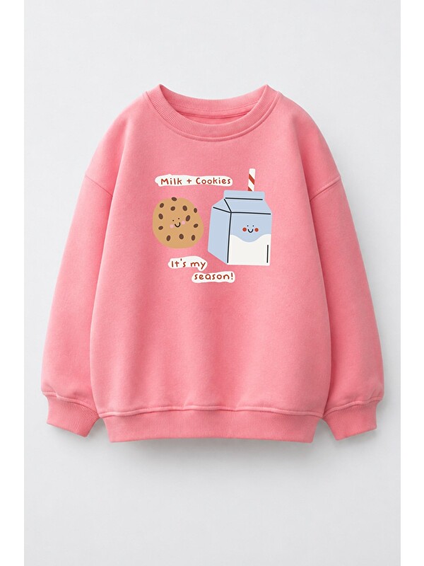 Monila Kız Çocuk 3 İplik Kumaş  Pamuklu Kurabiye Baskılı Sweatshirt