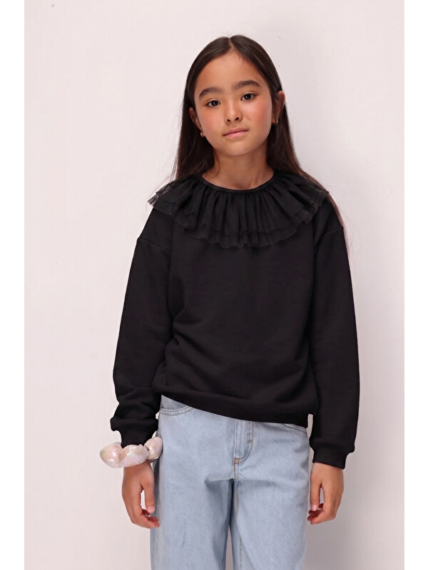 Le Mabelle Siyah  Tül Yaka Detaylı Kız Çocuk Sweatshirt - Zora