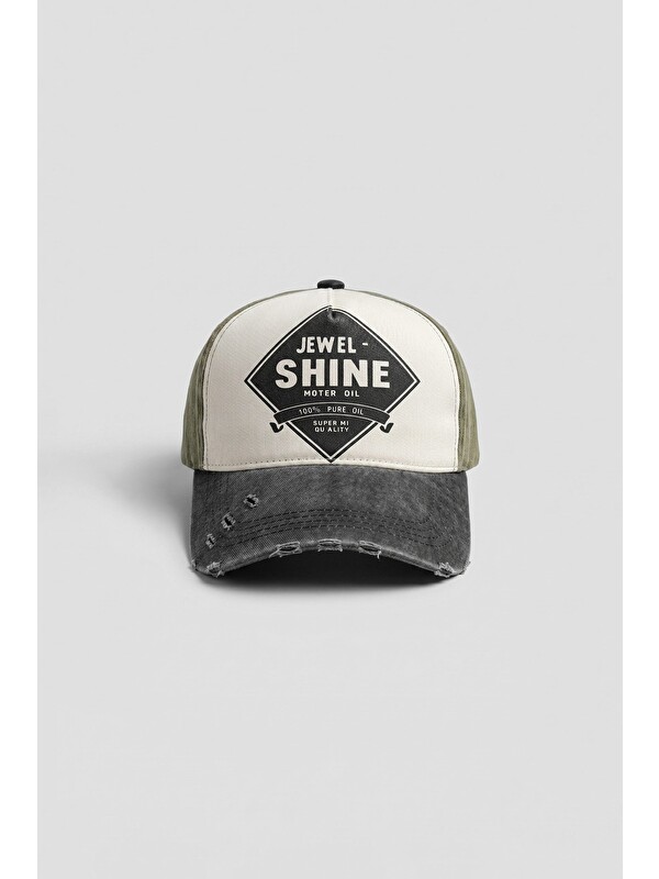 Abluka Online Unisex Eskitme Yıkamalı Shine Retro Baskılı Şapka Haki Yeşil