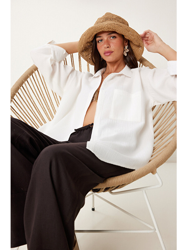 Happiness İstanbul Oversize Basic Müslin Gömlek EKRU LMX0002